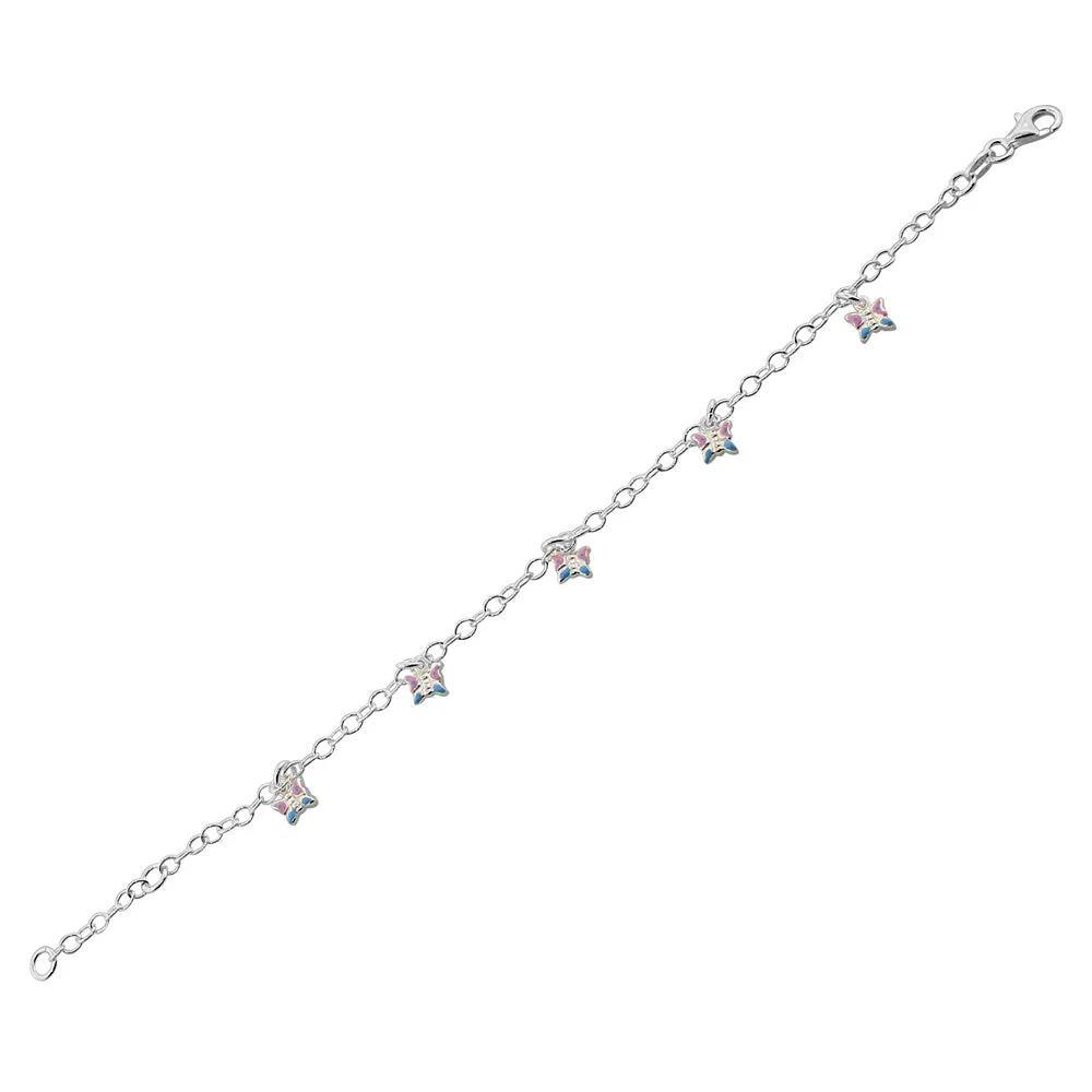 925 Sterling Silver Multicolor Enamel Butterflies Womens Girls Link Chain Bracelet