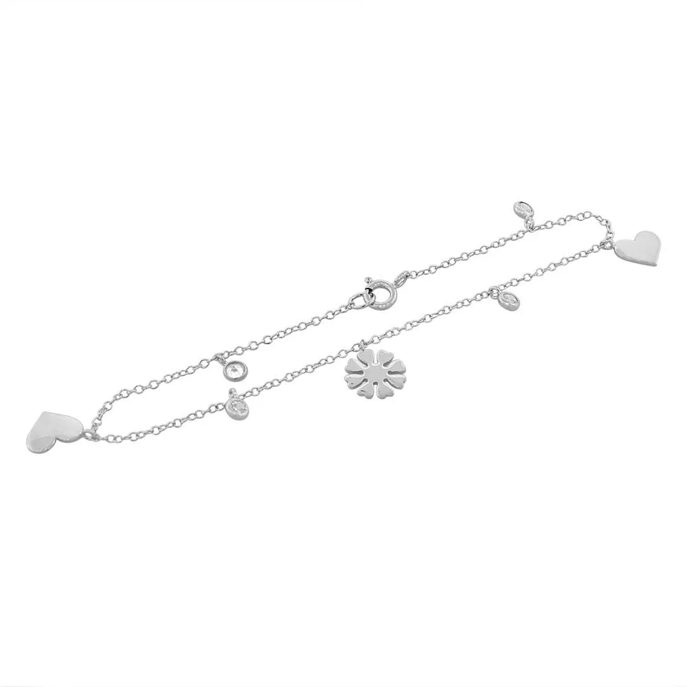 925 Sterling Silver White CZ Love Heart Flower Womens Girls Link Chain Bracelet