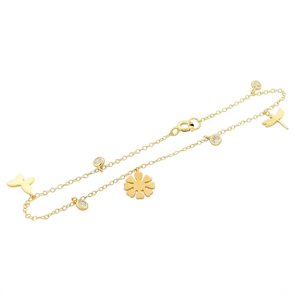 925 Sterling Silver Yellow Gold-Tone White CZ Dragonfly Flower Womens Girls Link Chain Bracelet