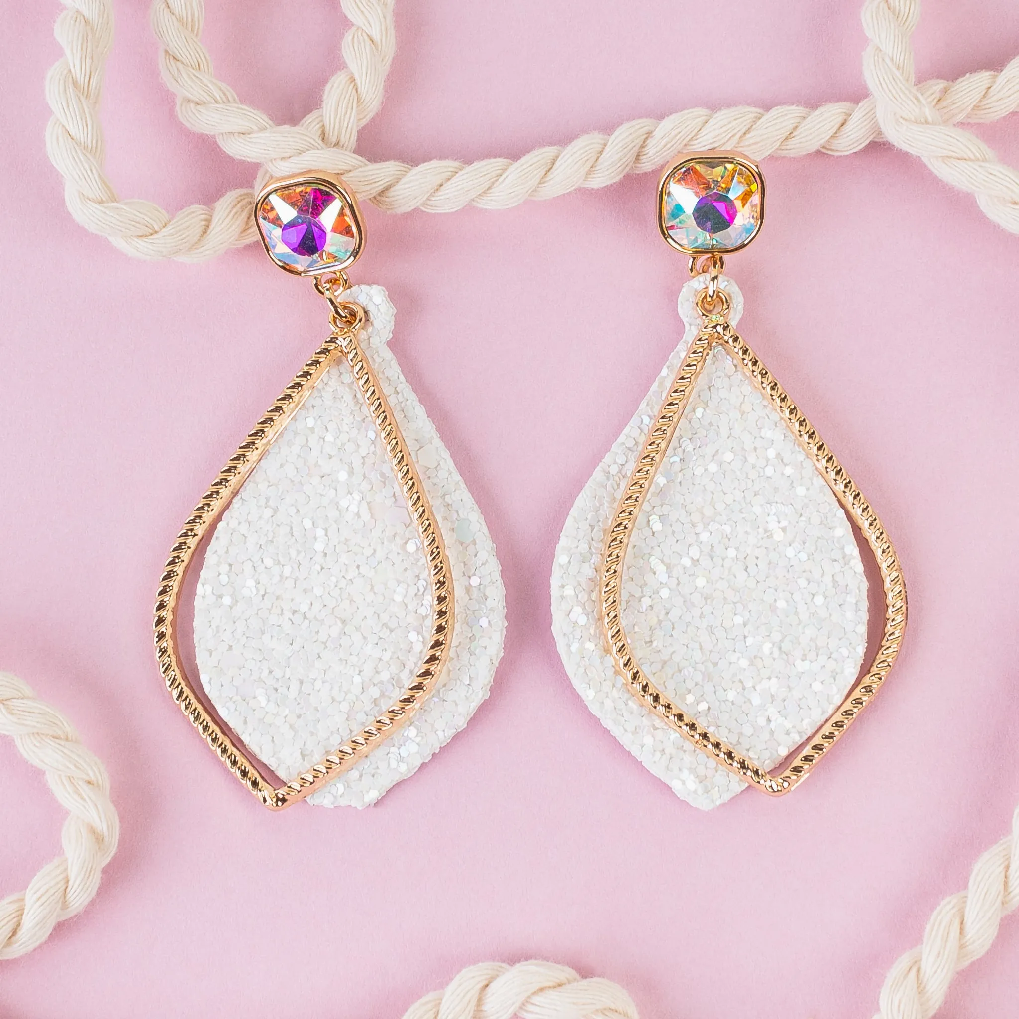 93129 - Glitter Rhinestone Drop Earrings - White