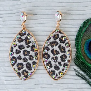 93131 - Glitter Rhinestone Earrings - White Leopard