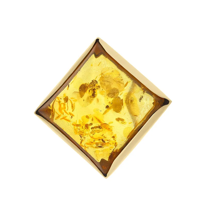 9ct Yellow Gold Amber Large Square Brooch D