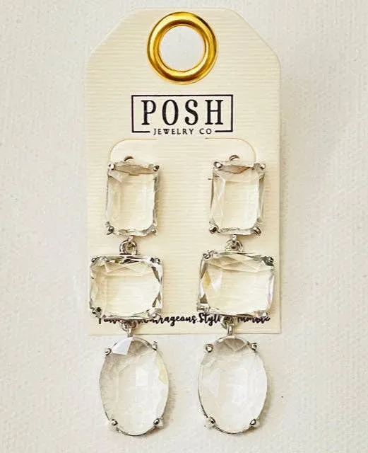 9PE066 * Clear Crystal and 3 Drop Post Earring Posh Silver
