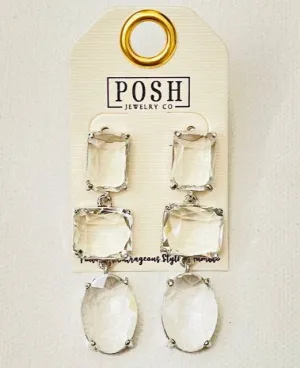 9PE066 * Clear Crystal and 3 Drop Post Earring Posh Silver