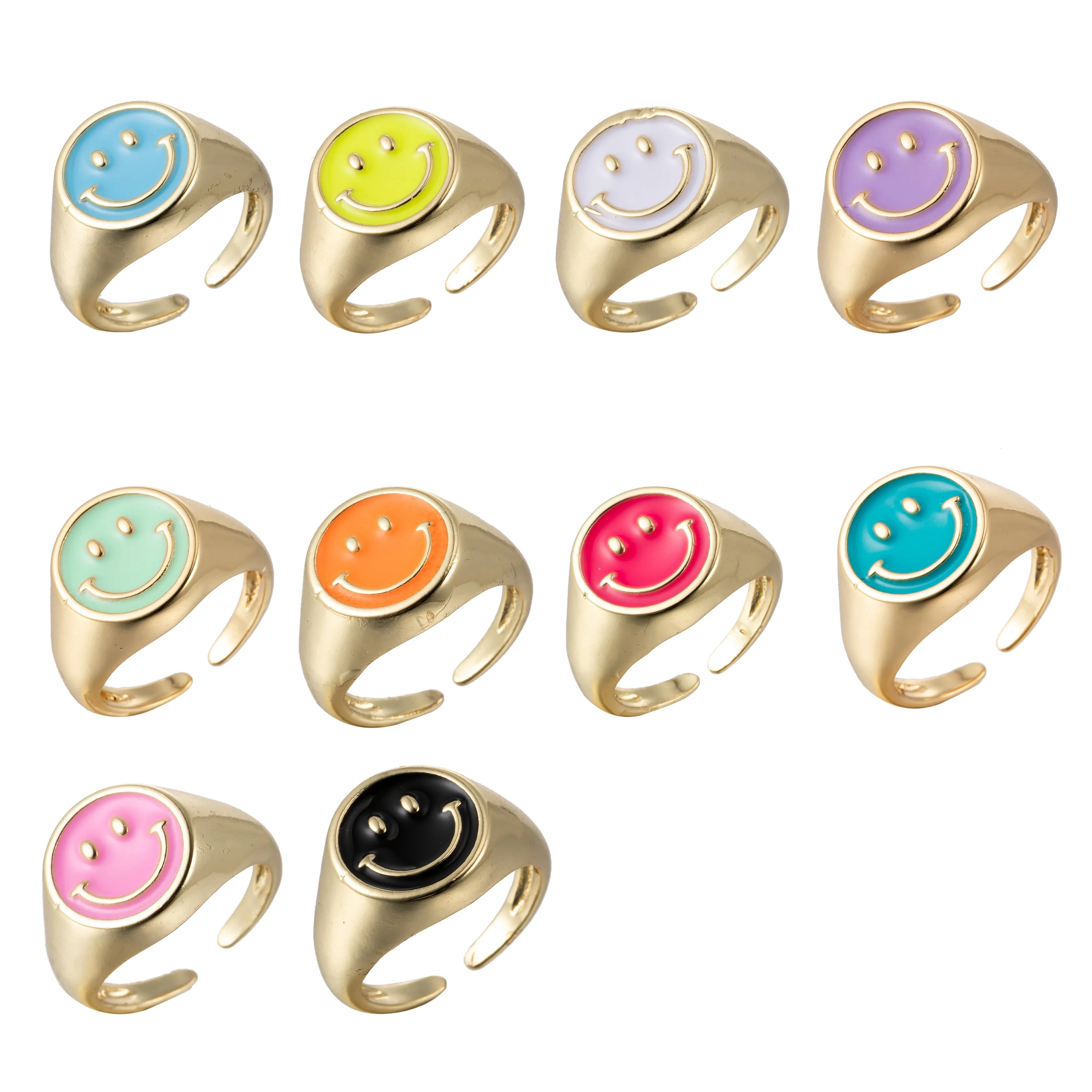 Adjustable Gold Smiley Face Ring, Colorful Enamel Happy Face Signet Ring y2k Jewelry O-881~O-891