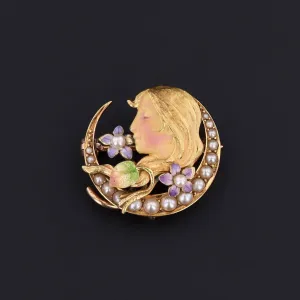 Antique Enamel and Pearl Woman Brooch by Krementz of 14k Gold