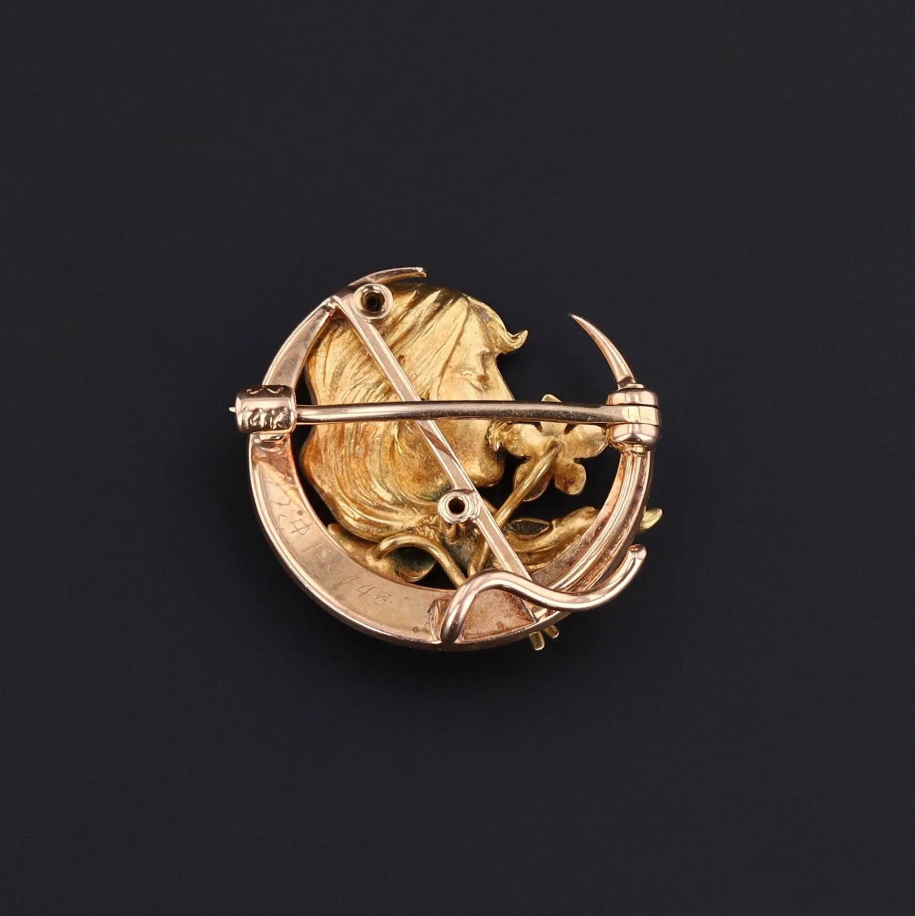 Antique Enamel and Pearl Woman Brooch by Krementz of 14k Gold