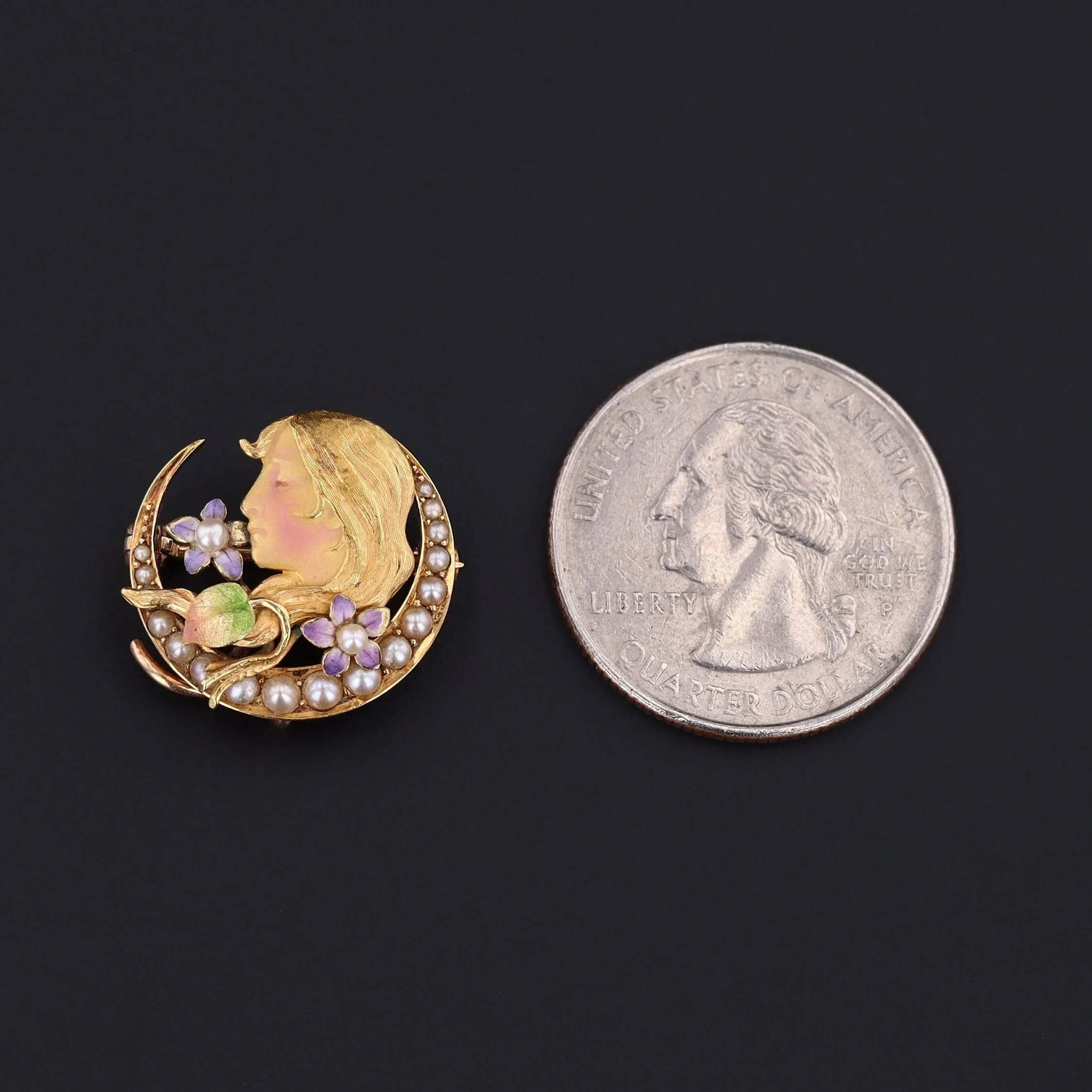Antique Enamel and Pearl Woman Brooch by Krementz of 14k Gold