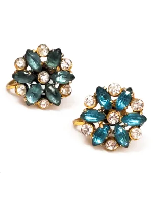 Antique light blue rhinestone gold over sterling silver screw back earrings