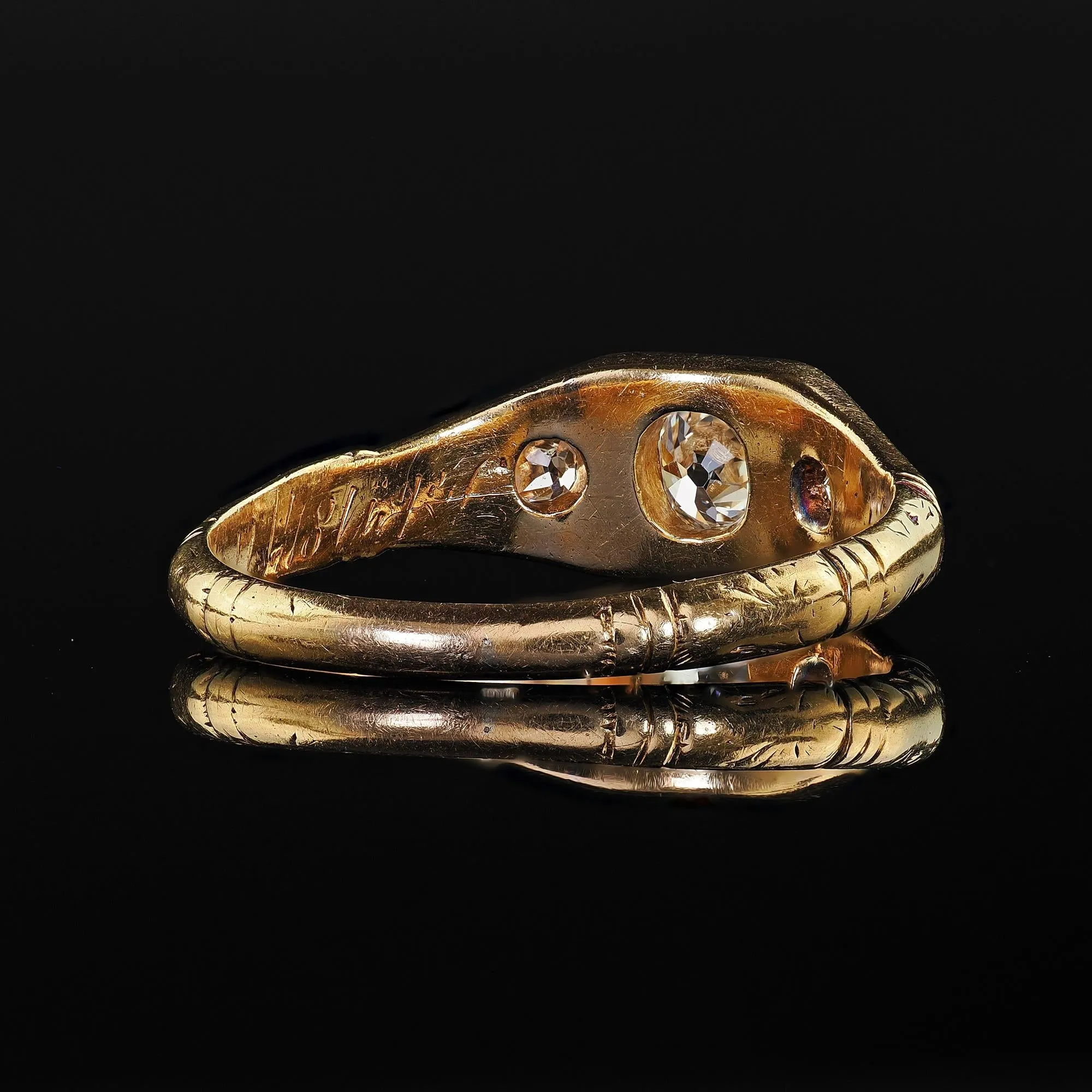 Antique Victorian 18K Yellow Gold Old Mine Diamond Enamel Three Stone Ring