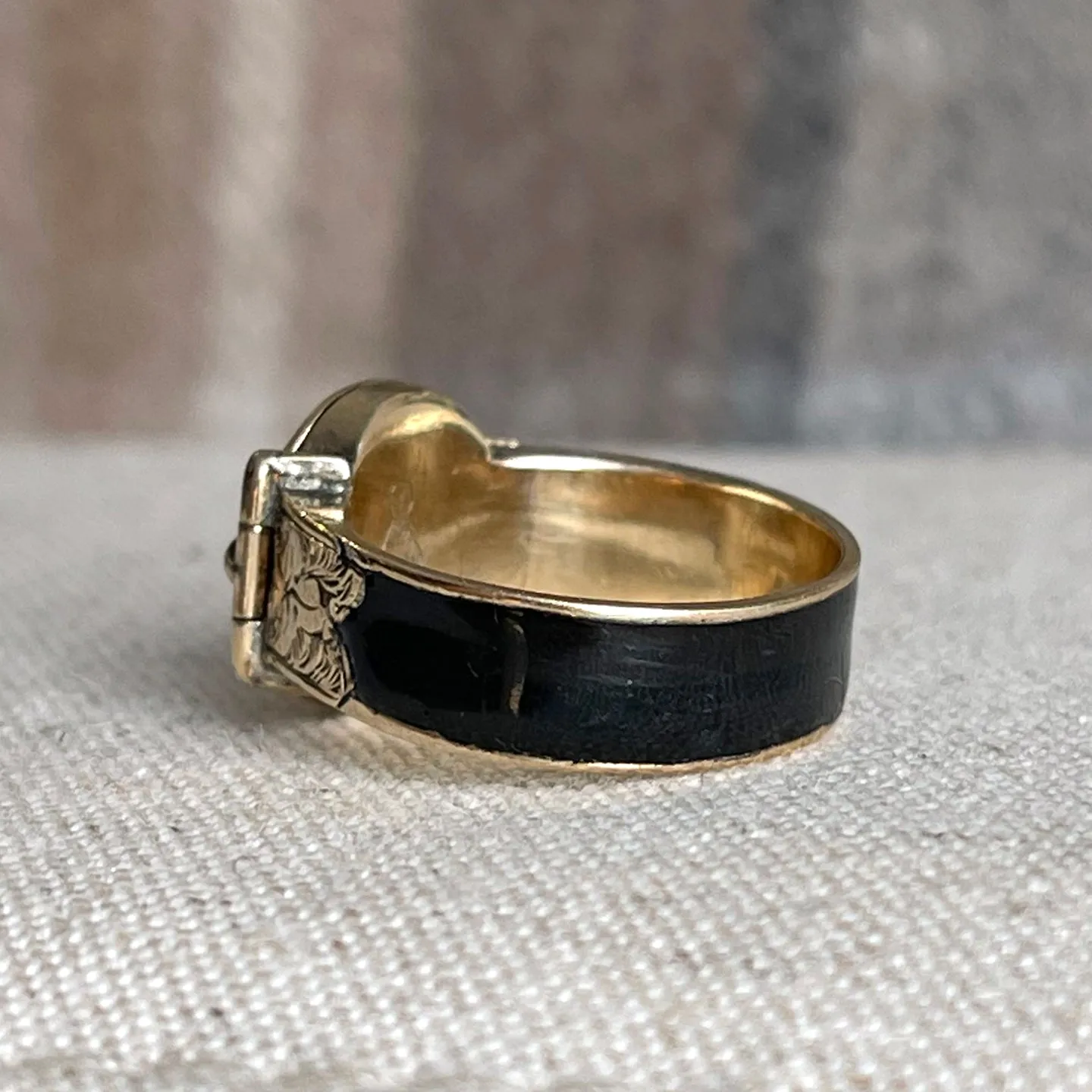 Antique Victorian 9K Gold and Black Enamel Buckle Locket Ring, Dated 1868