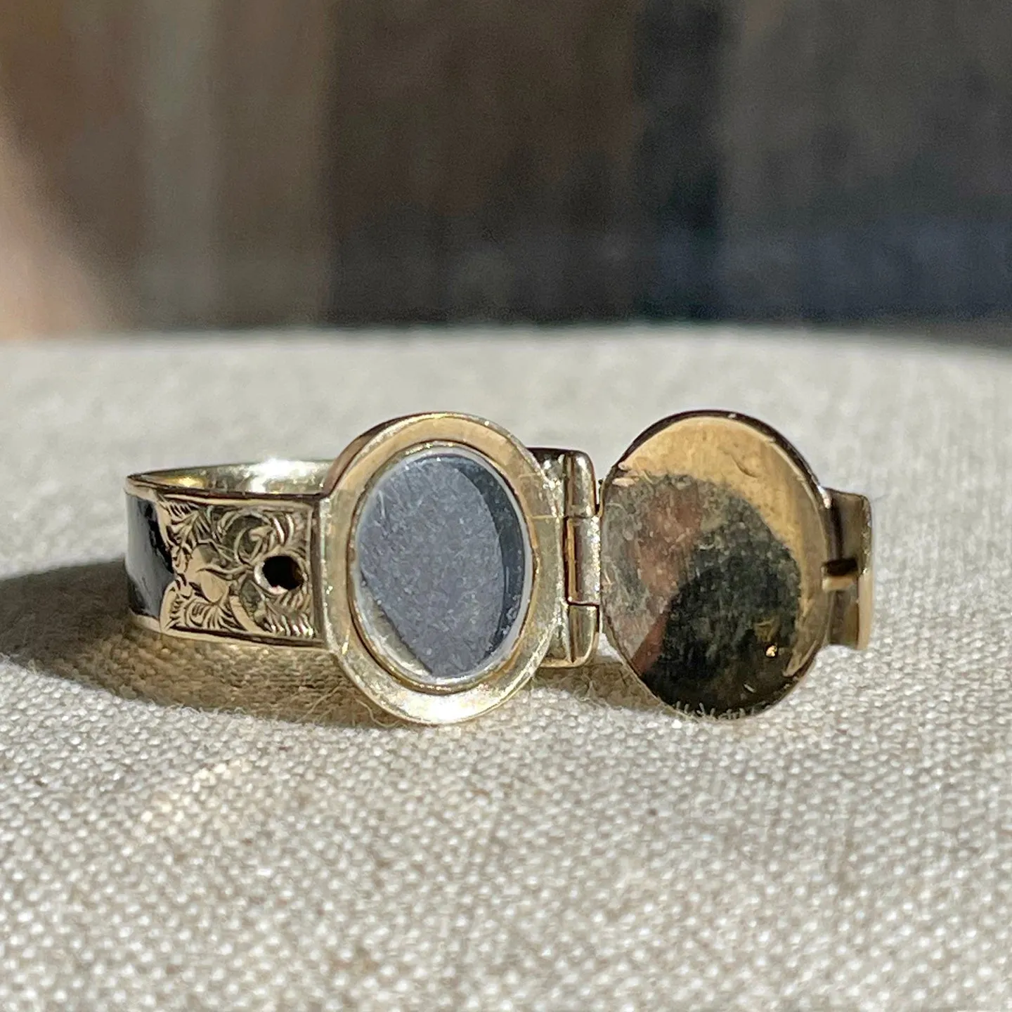 Antique Victorian 9K Gold and Black Enamel Buckle Locket Ring, Dated 1868