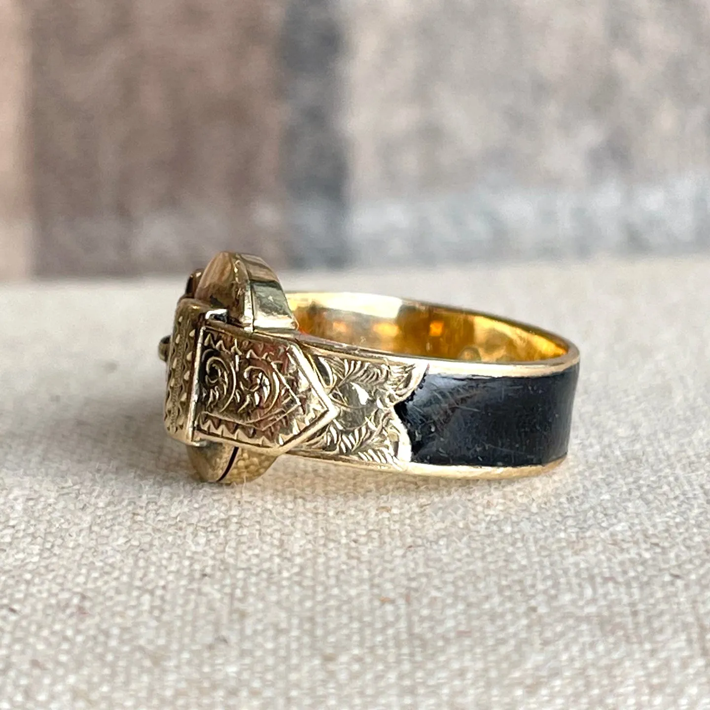 Antique Victorian 9K Gold and Black Enamel Buckle Locket Ring, Dated 1868