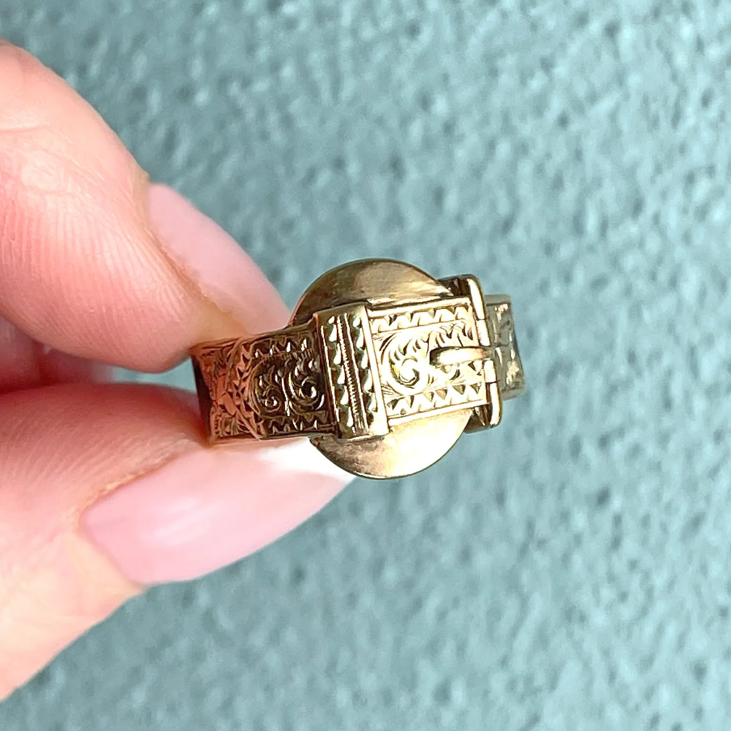 Antique Victorian 9K Gold and Black Enamel Buckle Locket Ring, Dated 1868