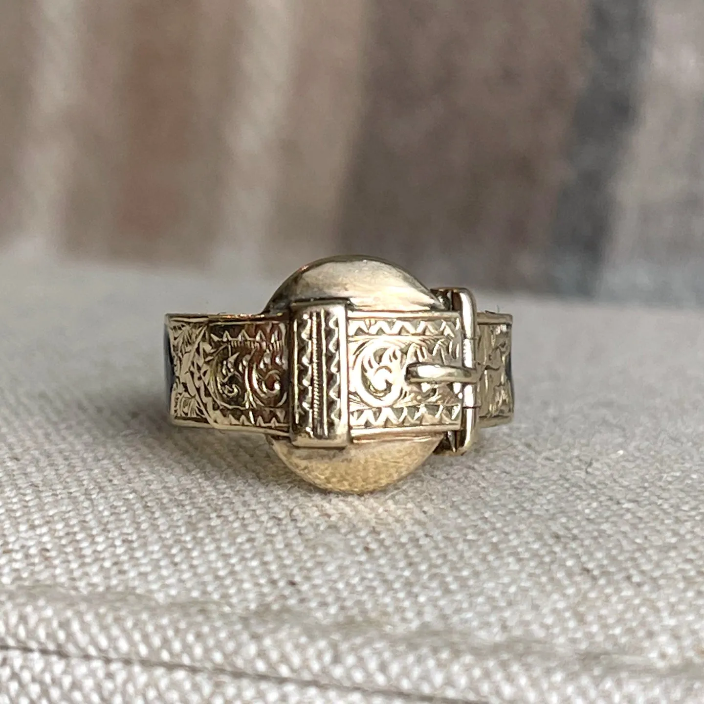 Antique Victorian 9K Gold and Black Enamel Buckle Locket Ring, Dated 1868