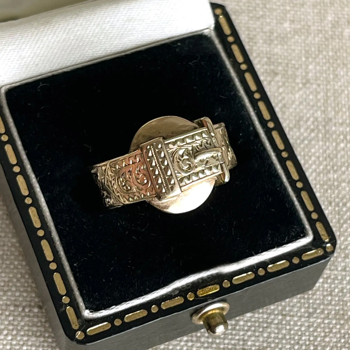 Antique Victorian 9K Gold and Black Enamel Buckle Locket Ring, Dated 1868