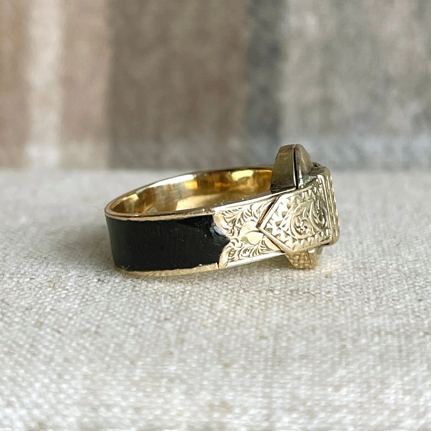 Antique Victorian 9K Gold and Black Enamel Buckle Locket Ring, Dated 1868