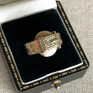Antique Victorian 9K Gold and Black Enamel Buckle Locket Ring, Dated 1868