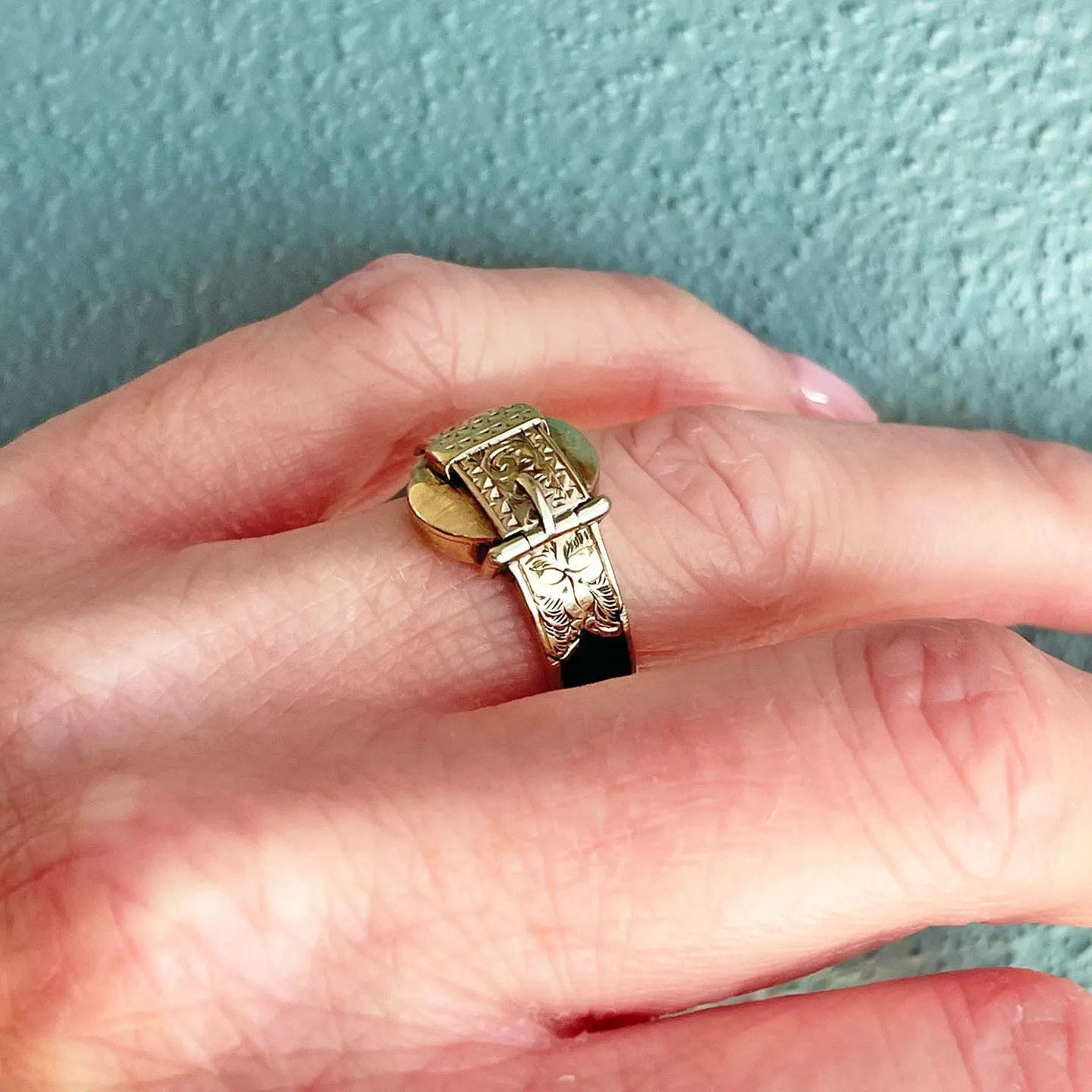 Antique Victorian 9K Gold and Black Enamel Buckle Locket Ring, Dated 1868