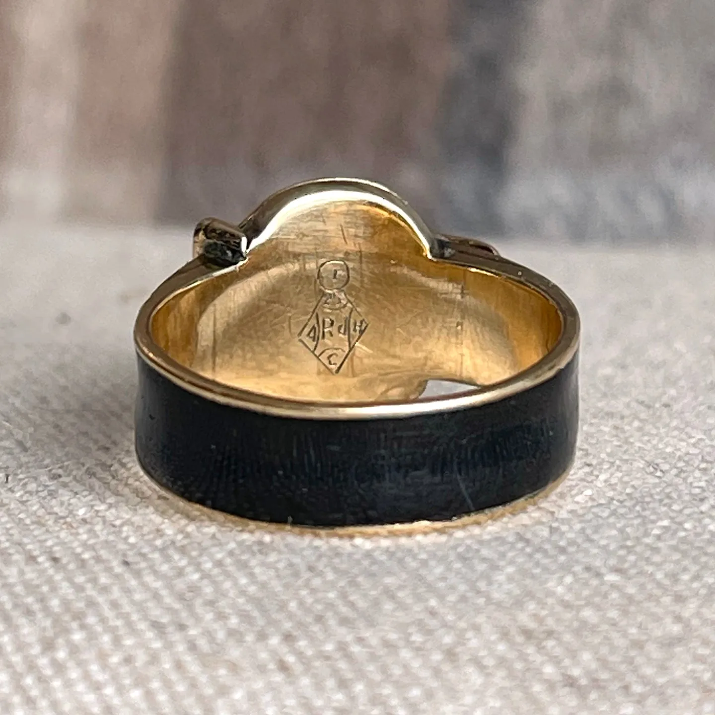 Antique Victorian 9K Gold and Black Enamel Buckle Locket Ring, Dated 1868