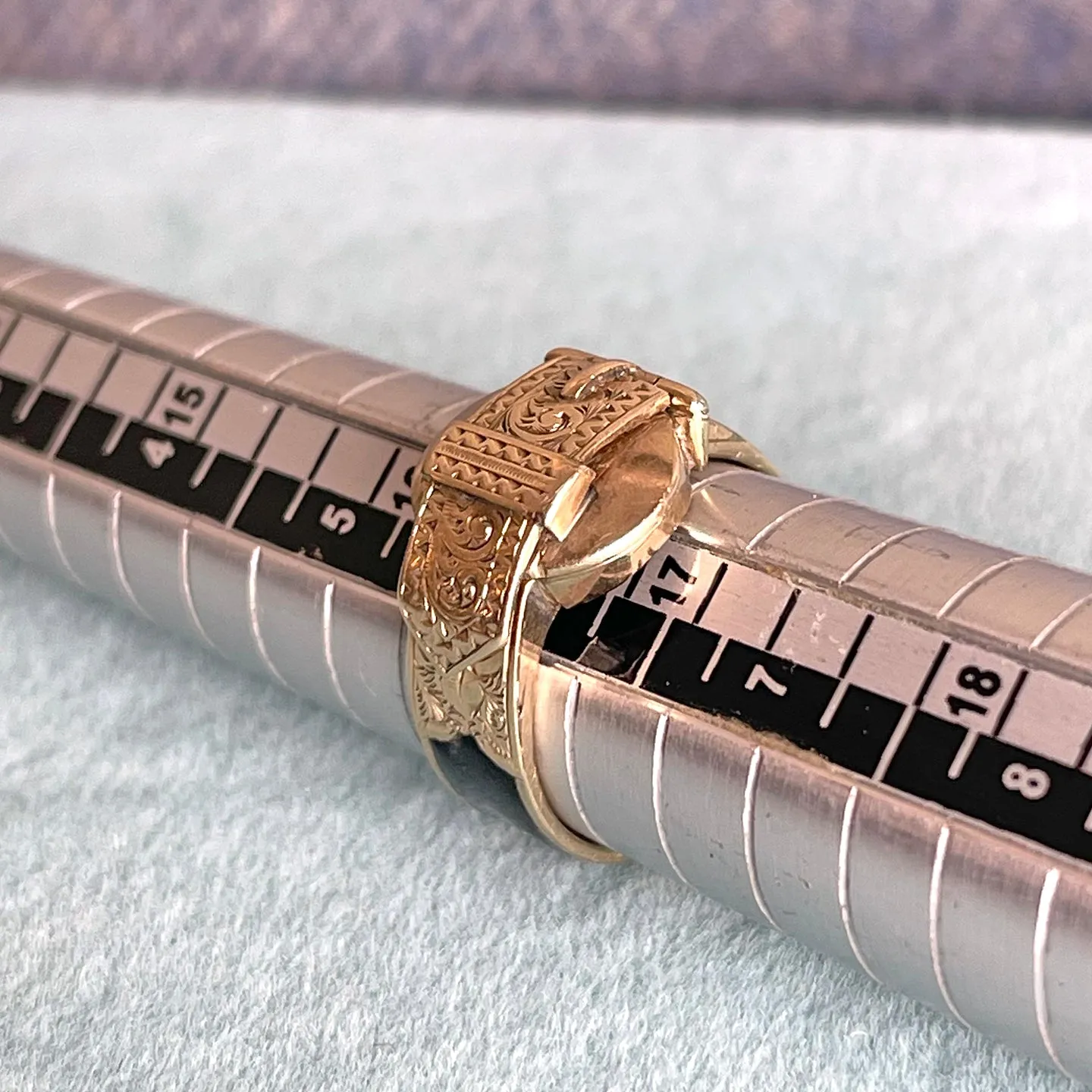 Antique Victorian 9K Gold and Black Enamel Buckle Locket Ring, Dated 1868