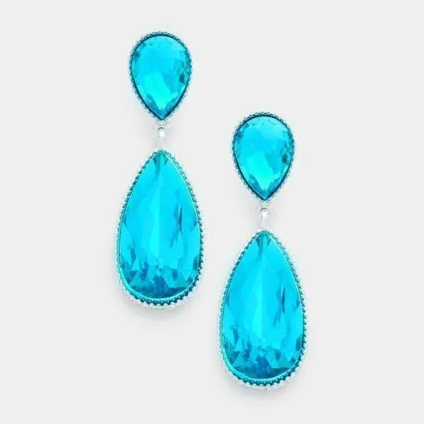 Aqua Blue Oval Drop Crystal Silver Dangle Earrings