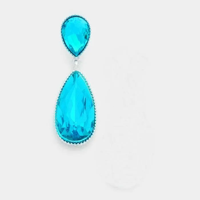 Aqua Blue Oval Drop Crystal Silver Dangle Earrings
