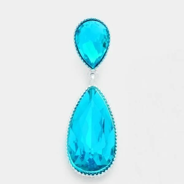 Aqua Blue Oval Drop Crystal Silver Dangle Earrings