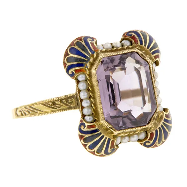 Art Deco Amethyst, Pearl & Enamel Ring
