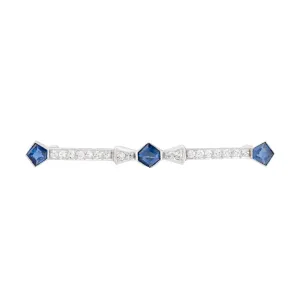 Art Deco No Heat Sapphire & Diamond Geometric Brooch in Platinum