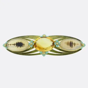 Art Nouveau Citrine Agate and Enamel Brooch