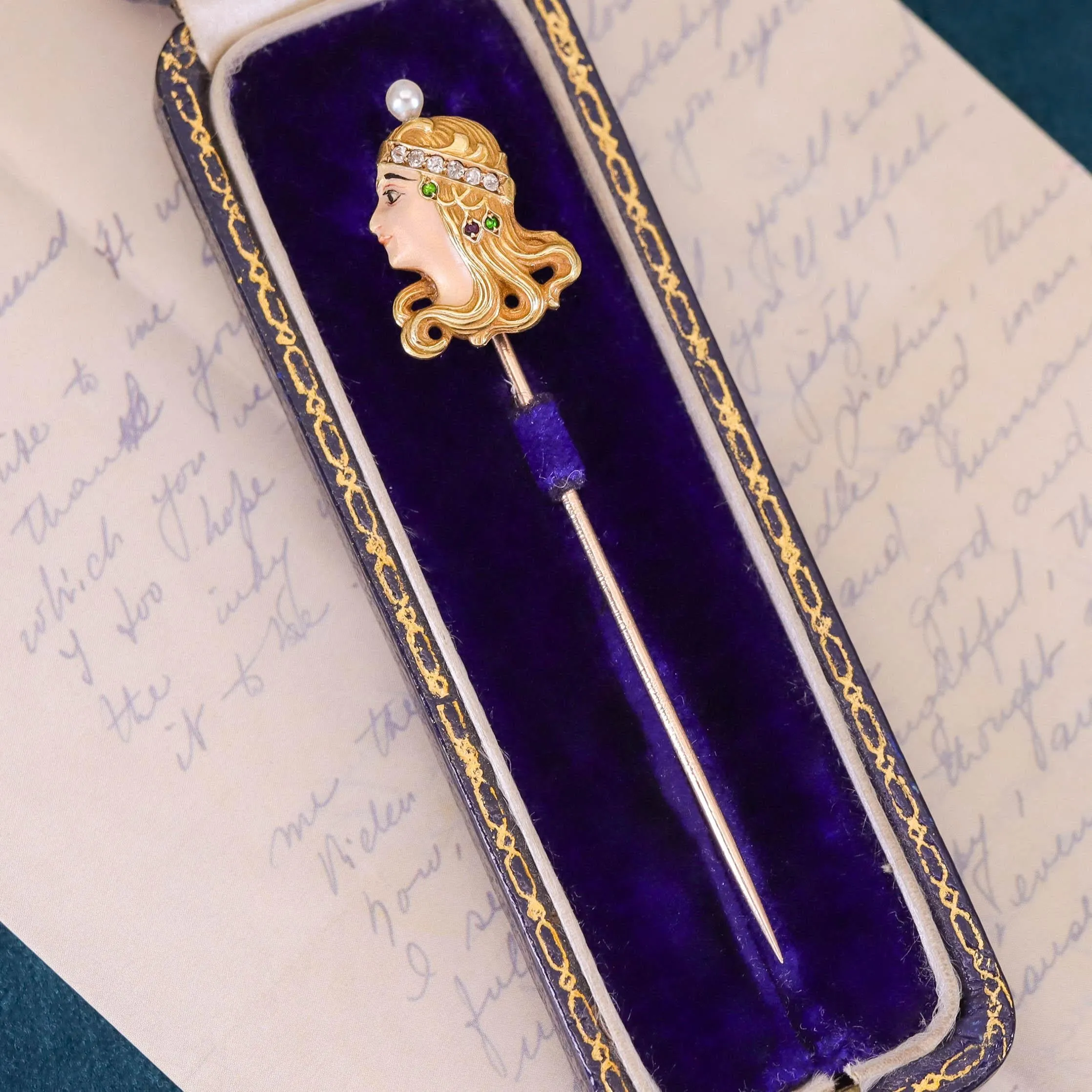 Art Nouveau Enamel Woman Stickpin of 18k Gold