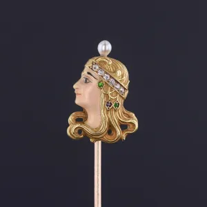 Art Nouveau Enamel Woman Stickpin of 18k Gold