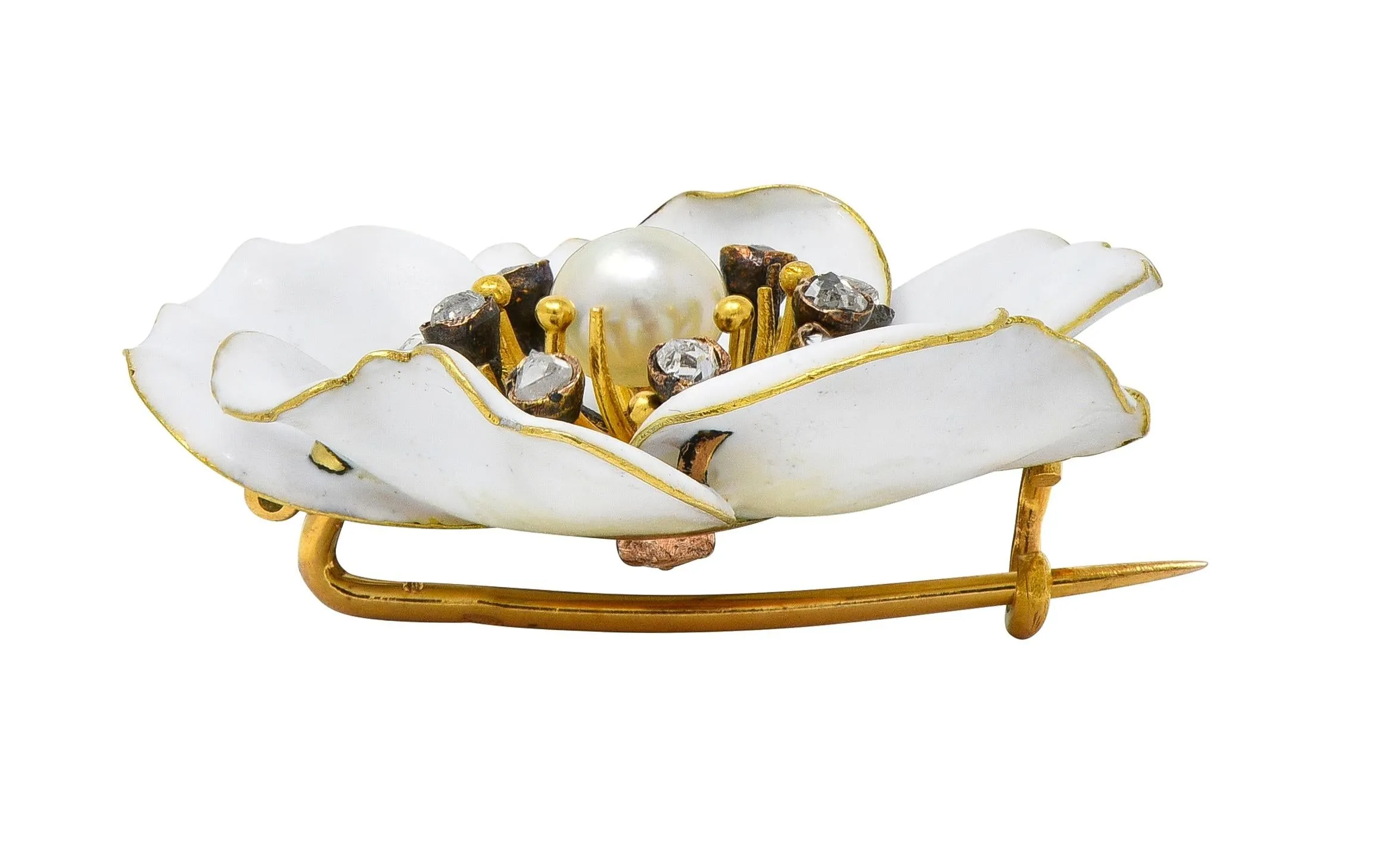 Art Nouveau French Diamond Pearl White Enamel 18 Karat Yellow Gold Antique Pansy Brooch