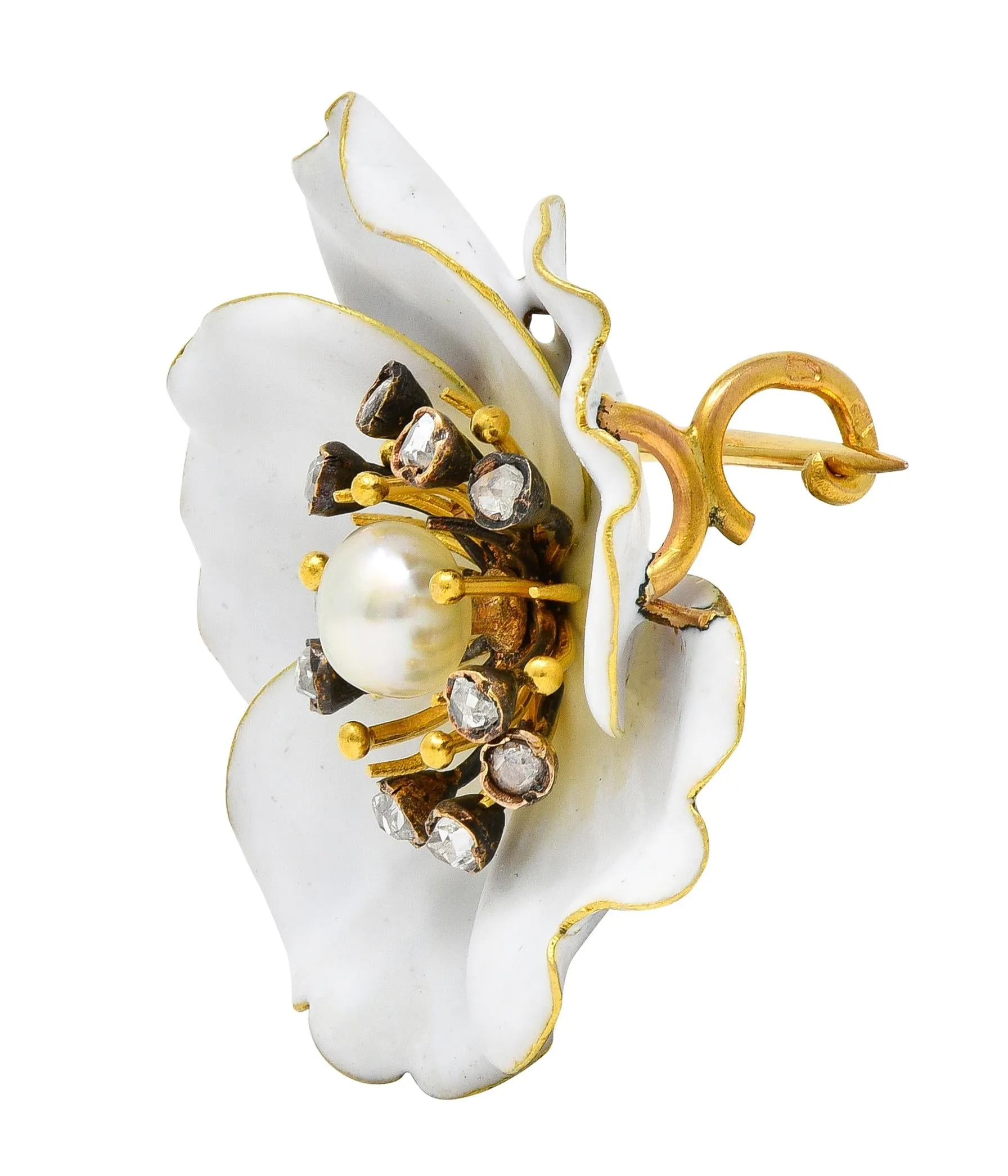 Art Nouveau French Diamond Pearl White Enamel 18 Karat Yellow Gold Antique Pansy Brooch