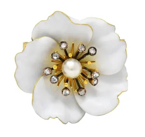 Art Nouveau French Diamond Pearl White Enamel 18 Karat Yellow Gold Antique Pansy Brooch