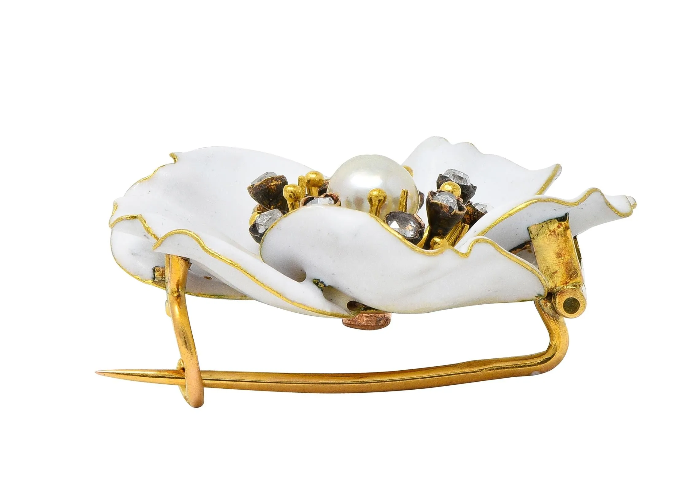 Art Nouveau French Diamond Pearl White Enamel 18 Karat Yellow Gold Antique Pansy Brooch