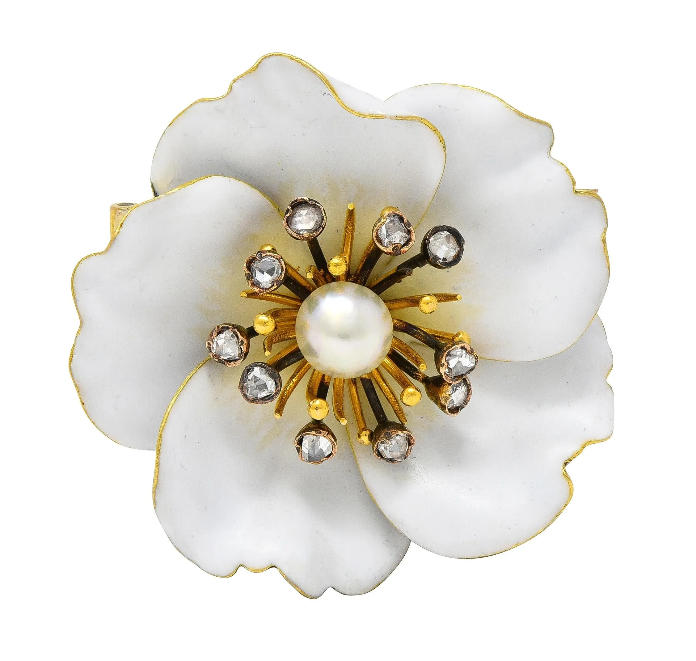 Art Nouveau French Diamond Pearl White Enamel 18 Karat Yellow Gold Antique Pansy Brooch