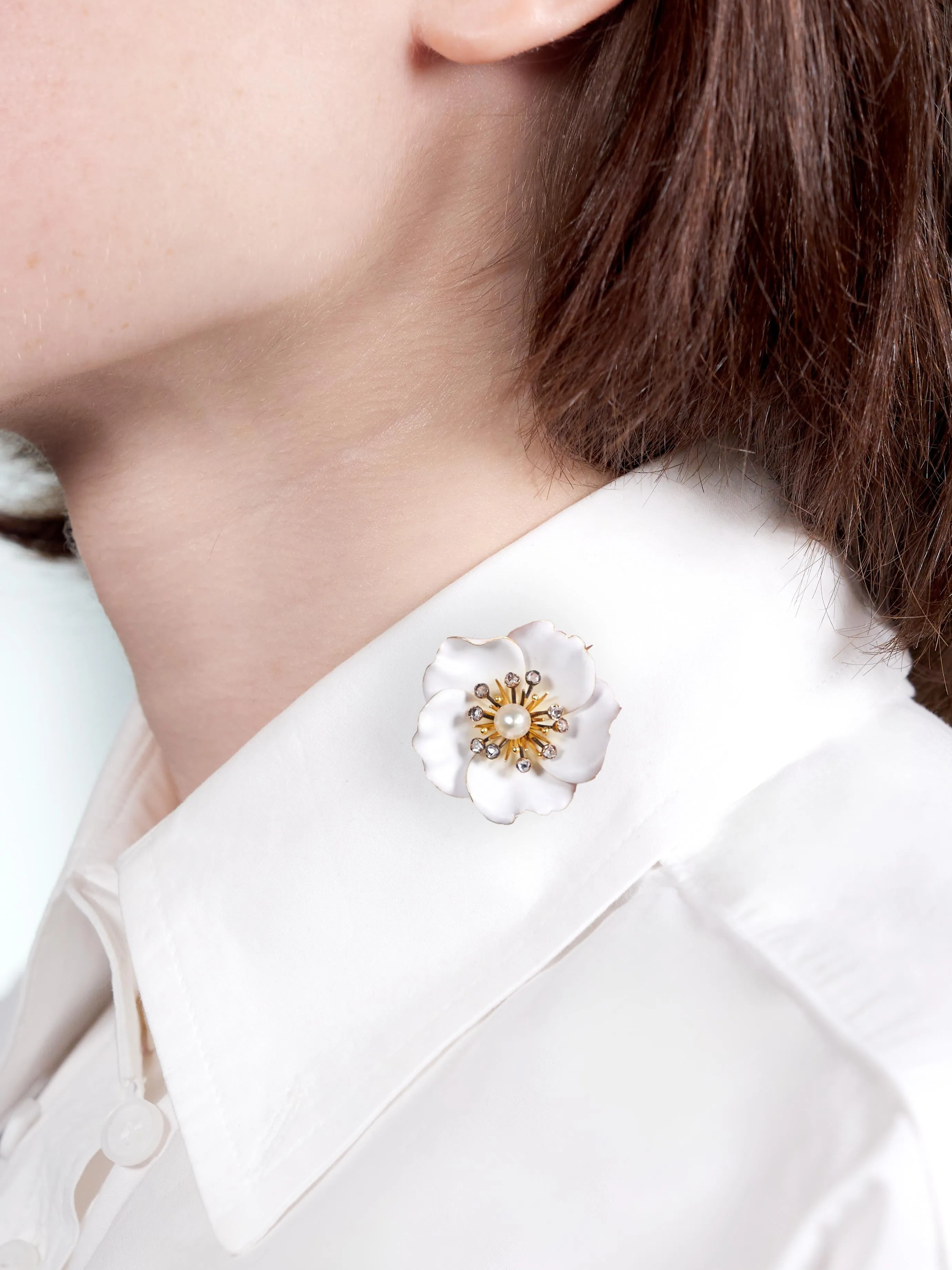 Art Nouveau French Diamond Pearl White Enamel 18 Karat Yellow Gold Antique Pansy Brooch
