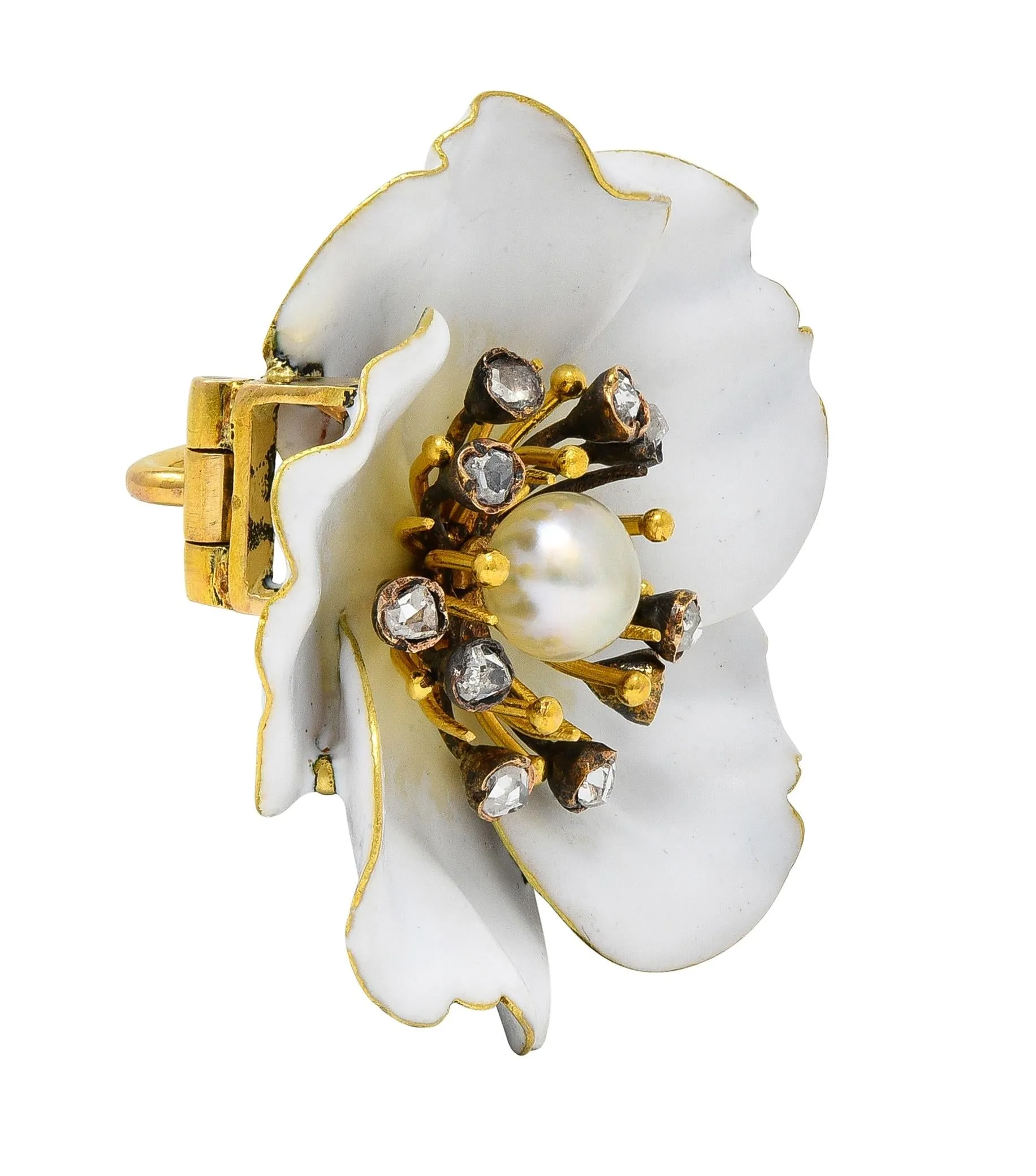 Art Nouveau French Diamond Pearl White Enamel 18 Karat Yellow Gold Antique Pansy Brooch