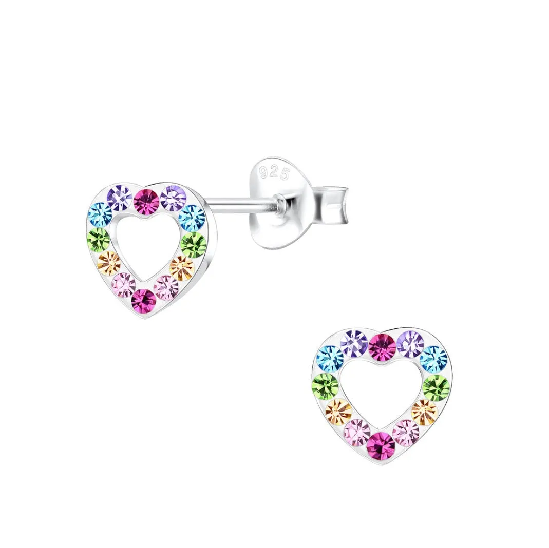 Baby and Children's Earrings:  Sterling Silver Blue, Pink, Lemon and White Crystal Open Hearts