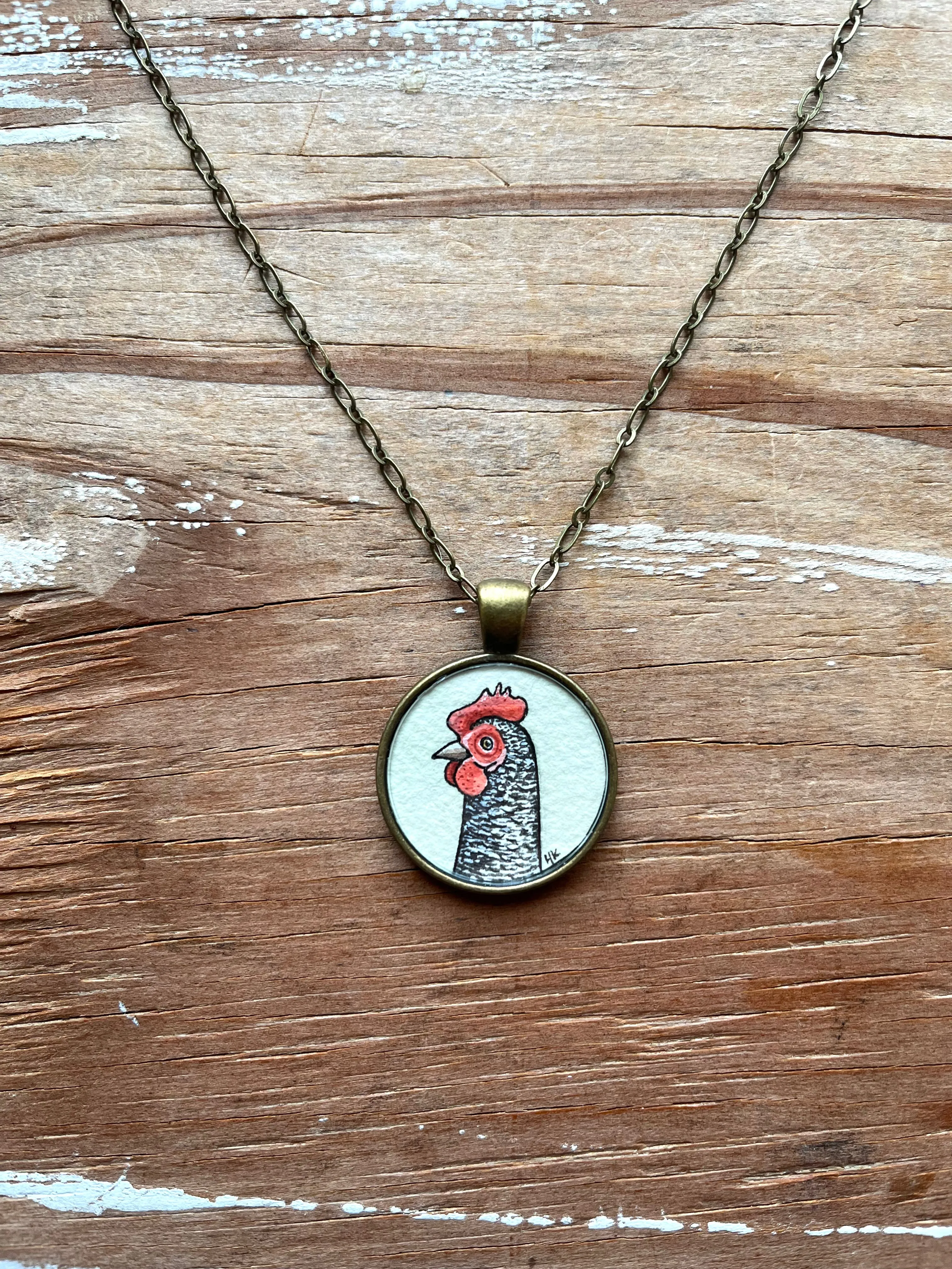 Barred Rock Chicken Necklace, Hand Painted Pendant, Original Watercolor Art