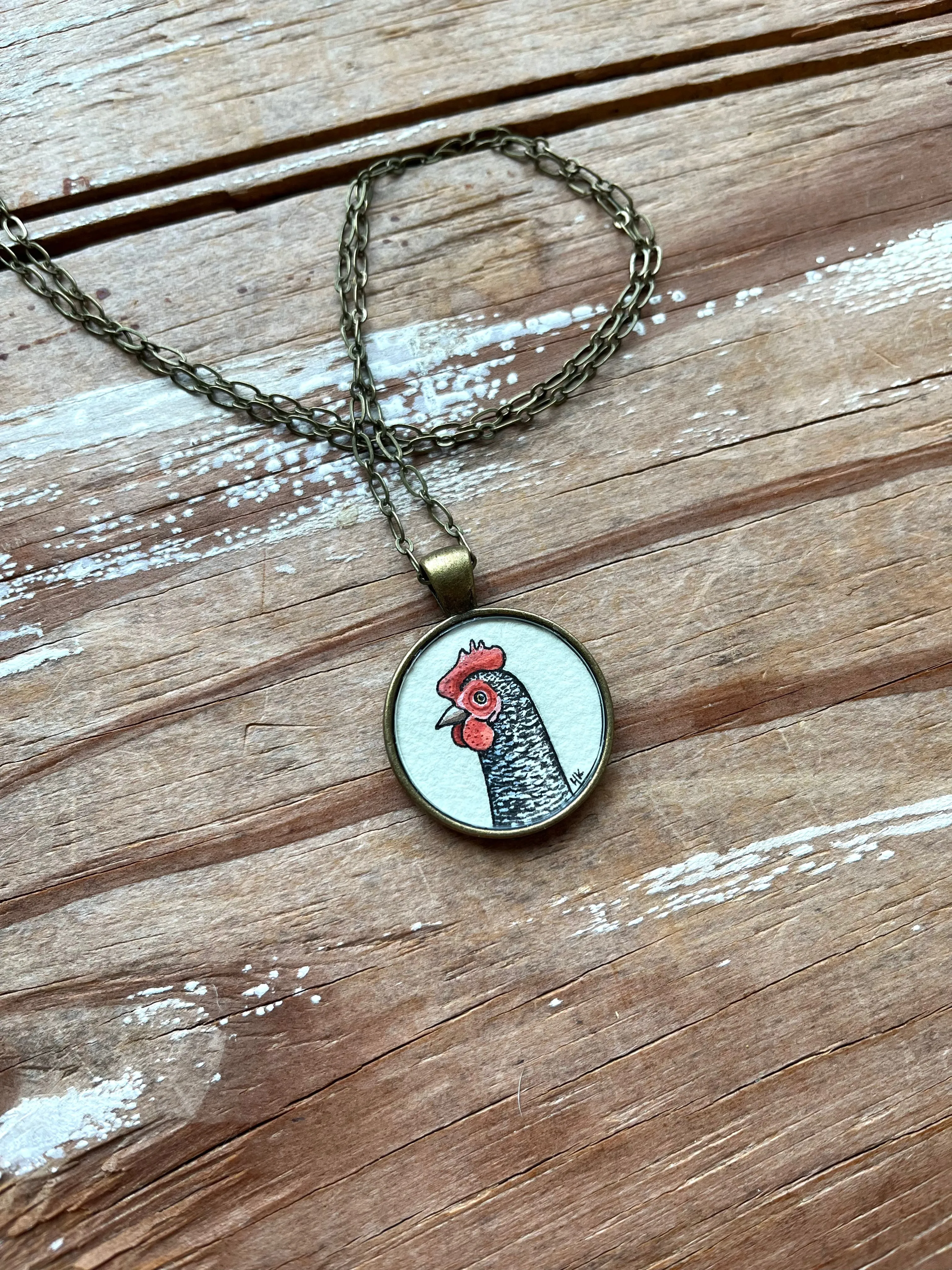 Barred Rock Chicken Necklace, Hand Painted Pendant, Original Watercolor Art