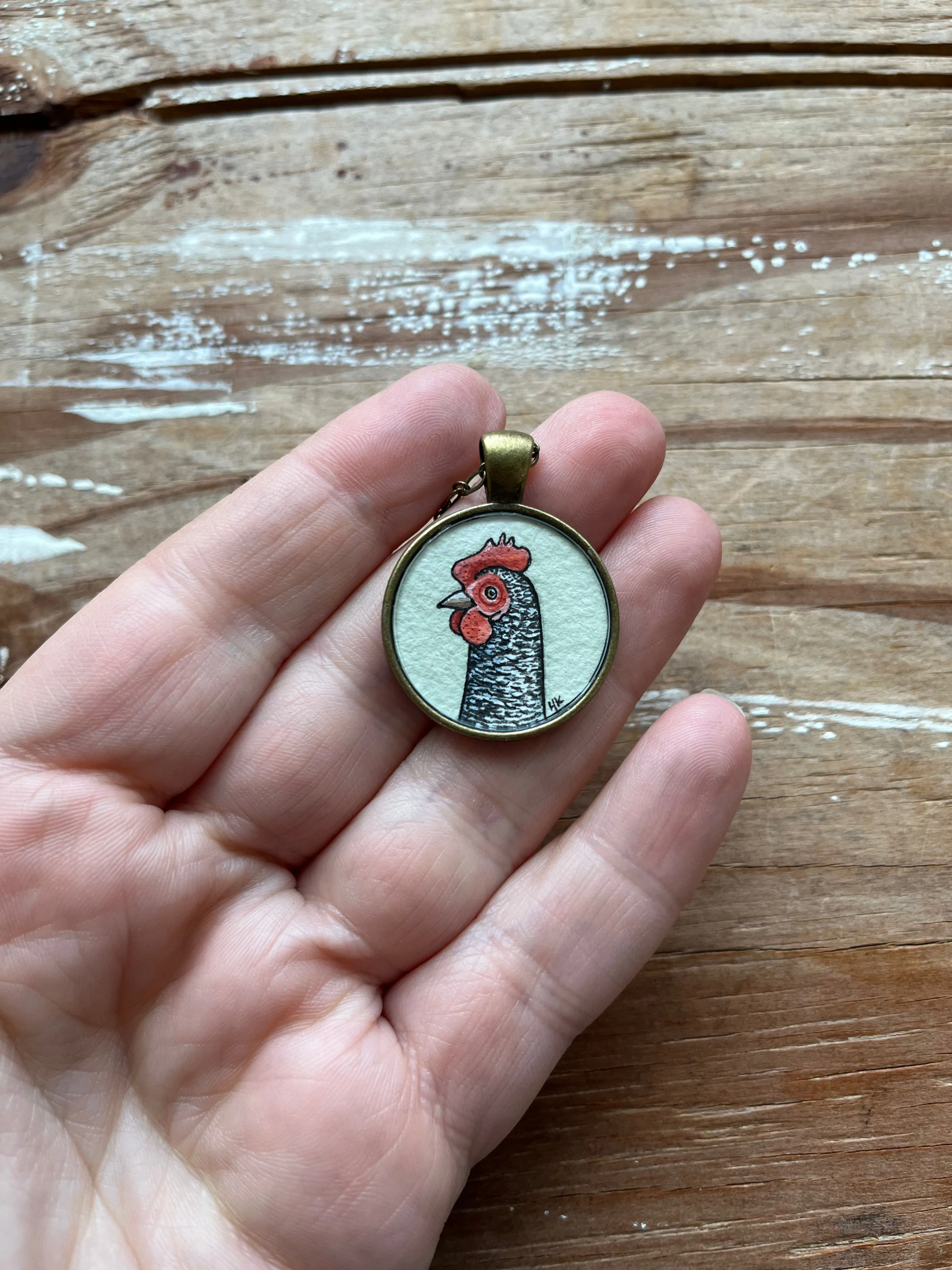 Barred Rock Chicken Necklace, Hand Painted Pendant, Original Watercolor Art