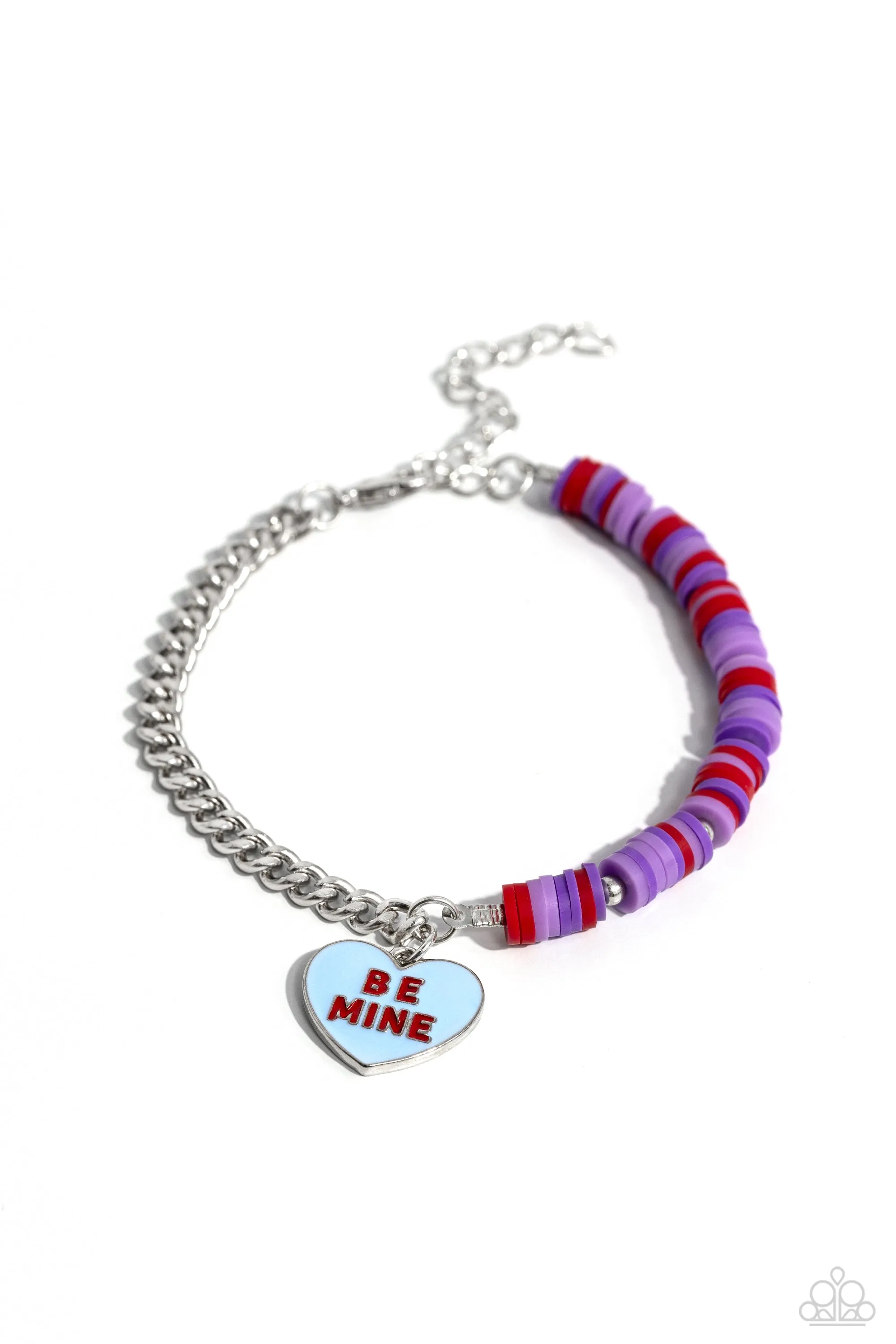 Be Mine Beauty - Multi - Purple and Red Clay Disc and Silver Heart "Be Mine" Paparazzi Lobster Claw Bracelet