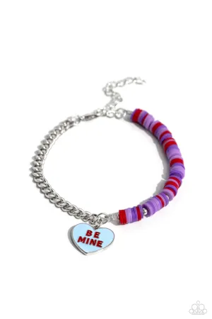 Be Mine Beauty - Multi - Purple and Red Clay Disc and Silver Heart "Be Mine" Paparazzi Lobster Claw Bracelet