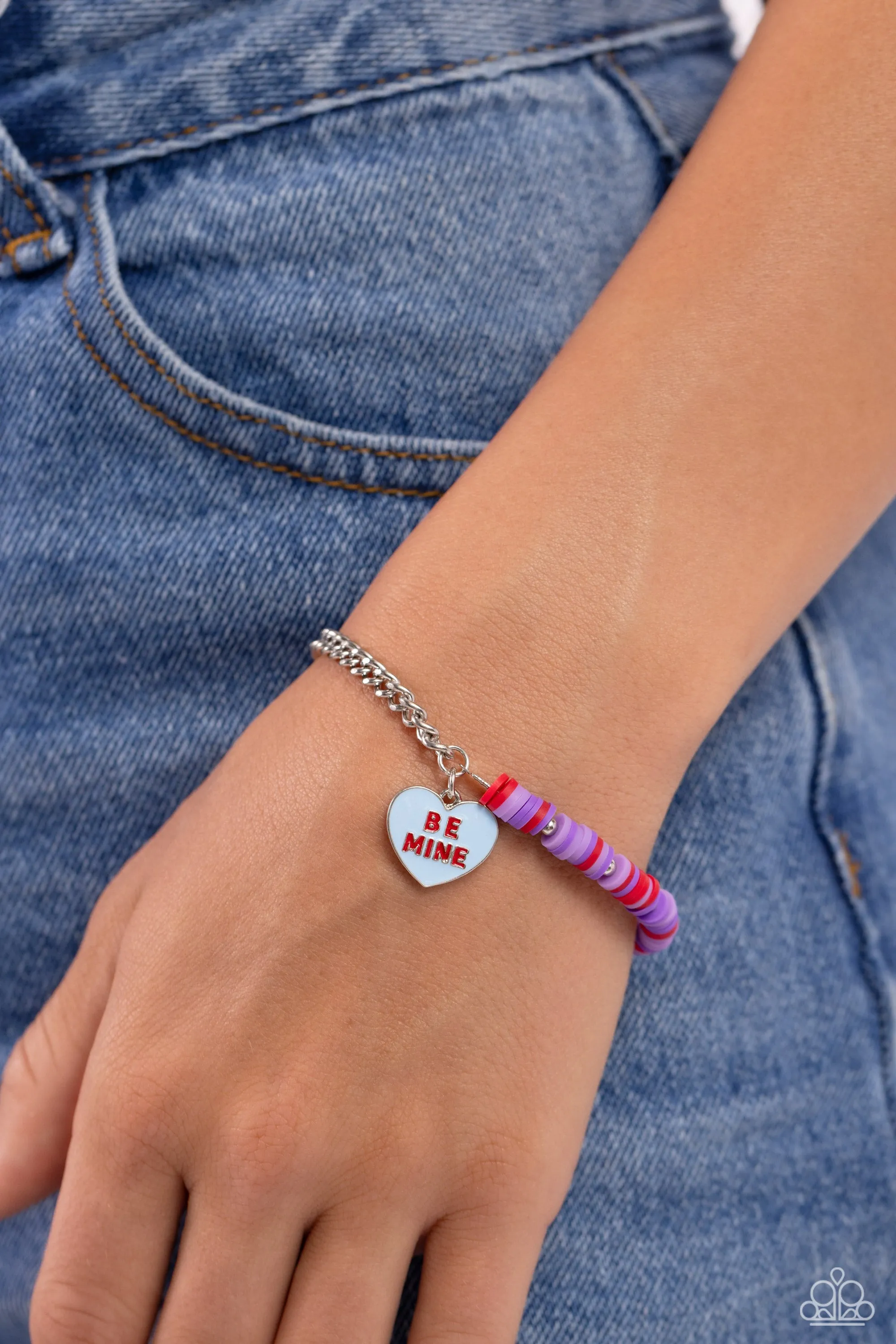 Be Mine Beauty - Multi - Purple and Red Clay Disc and Silver Heart "Be Mine" Paparazzi Lobster Claw Bracelet
