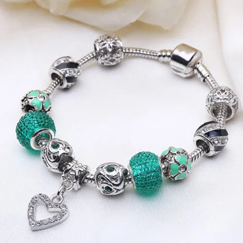 Best LOVE Gift Silver Plated Heart Charm bracelet for Women Murano Glass Beads Jewelry Original Bracelets Cuff Bracelet