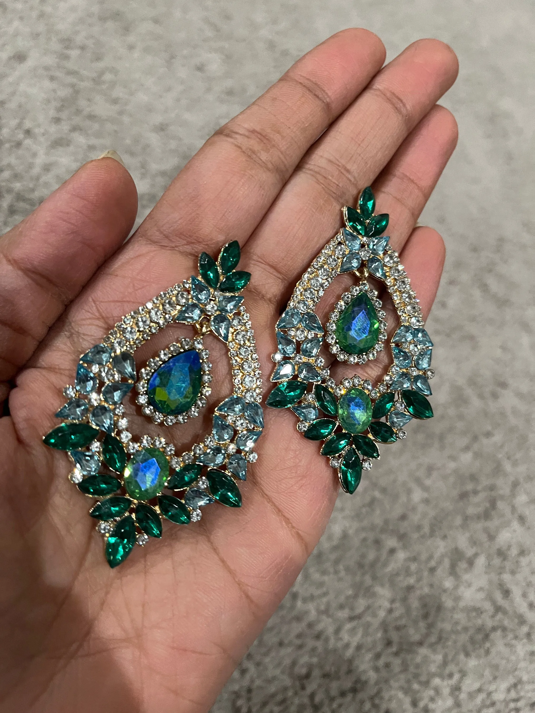 Big Blue and green earrings ,large Emerald  earrings , green crystal earrings, blue chandelier rhinestone earrings crystal 2.6” long