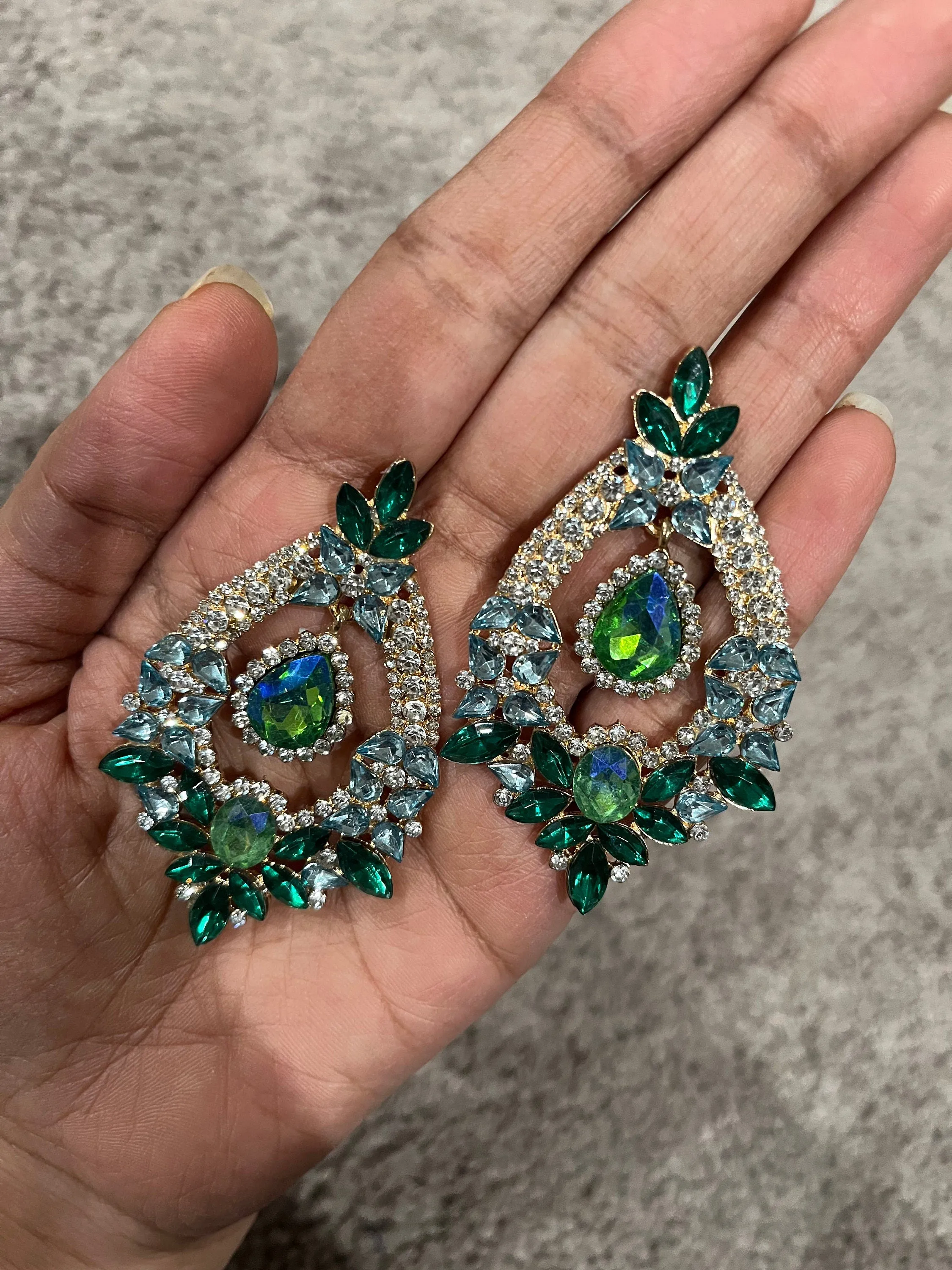 Big Blue and green earrings ,large Emerald  earrings , green crystal earrings, blue chandelier rhinestone earrings crystal 2.6” long